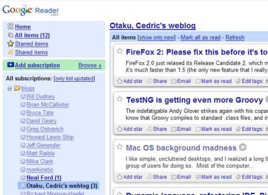 Google Reader screen shot