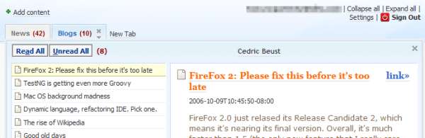 Netvibes showing reading one entry