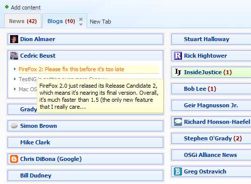 Netvibes showing popup quick-read of an entry